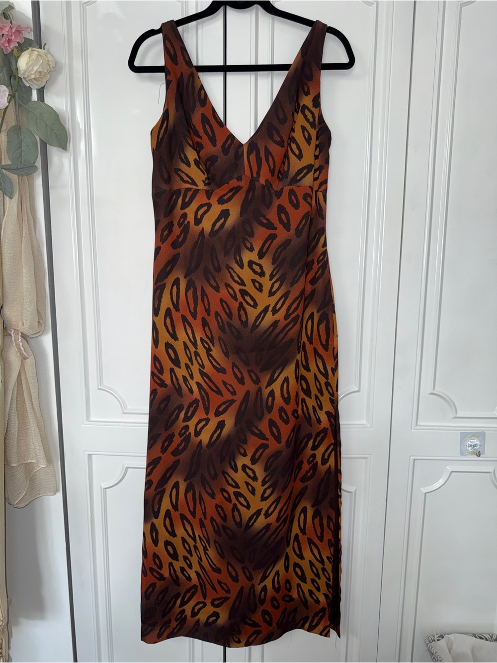 Sleeveless V-Neck Maxi Dress in Brown & Orange Animal Print
